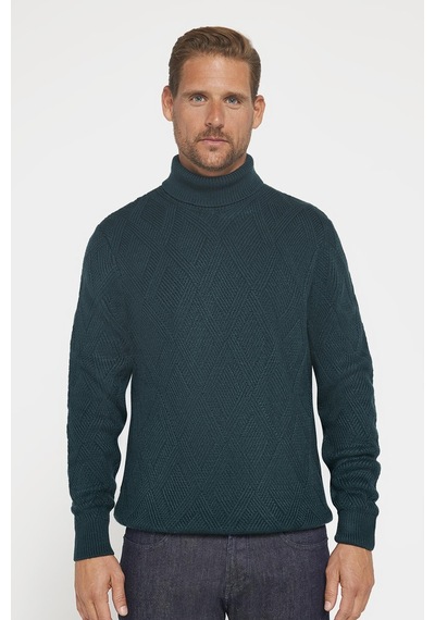 Tudors Slim Fit Dar Kesim Tam Balıkçı Yaka Desenli Yeşil Erkek Triko Triko Kazak-29717-yeşil Yeşil
