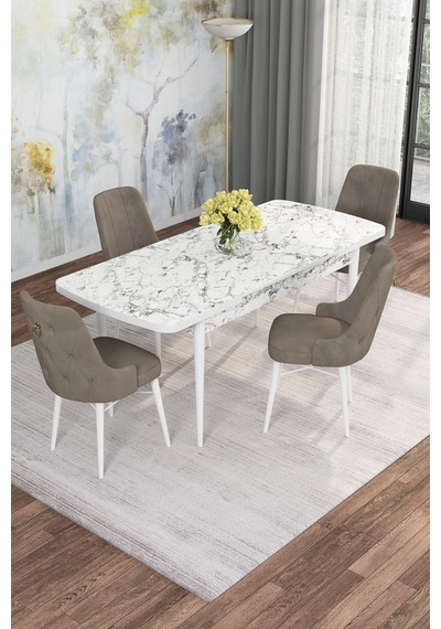 Mona Beyaz Mermer 80x132 Açılabilir Mdf Masa Yemek Odası Takımı, Mutfak Takımı 4 Adet Sandalye Beyaz Mermer - 4 Cappuccino - Beyaz Ayak Mona Beyaz Mermer 80x132 Açılabilir Mdf Masa Yemek Odası Takımı, Mutfak Takımı 4 Adet Sandalye Beyaz Mermer - 4 Cappuccino - Beyaz Ayak