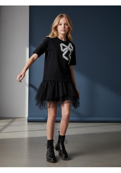Zekids Kız Çocuk Fiyonk Desenli Yarım Kollu Tasarım T-shirt-16533 Siyah