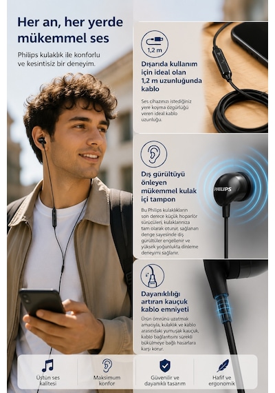 Philips TAE1126BK/51 1000 Series Mikrofonlu Kulak İçi Kulaklık