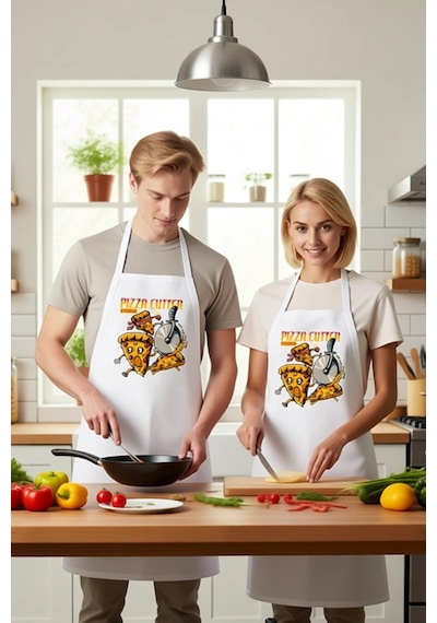 Unisex Mutfak Önlüğü Pizza Kesici Teması Grafik Baskılı Rahat Kes Beyaz