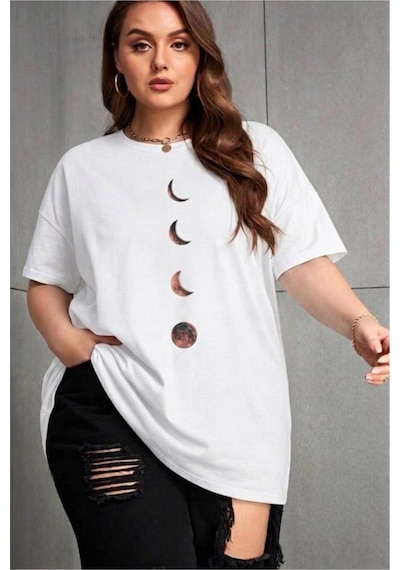 Moon Kadın Büyük Beden Battal Baskılı Bisiklet Yaka Pamuklu T-shirt Rahat Kesim Unisex Sevgili Kombini Beyaz