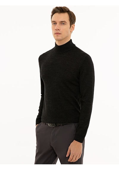 Cacharel Antrasit Slim Fit Yarım Balıkçı Basic Triko Kazak Gri
