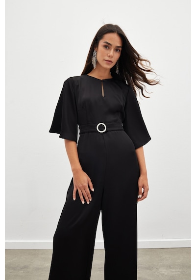 Sateen Kemerli Krep Tulum - Siyah-134836 Siyah