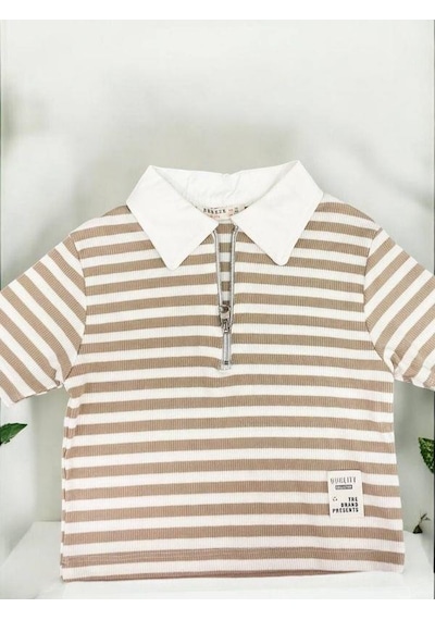 Zekids Kız Çocuk Polo Yaka Çizgili T-shirt-14393 Vizon