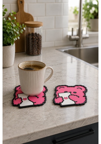 Kemboss Ayıcık Ve Pembe Ayıcıklı Bardak Altlığı Seti 4'lü - Pvc Kaydırmaz Bardak Altlığı 2 Ayıcık + 2 Pembe Ayıcıklı Çok Renkli