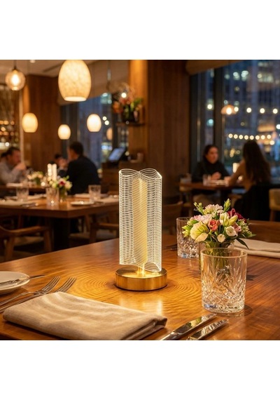 Dalgalı Silindirik Kristal Çizgili Model Led Masa Lambası Gold Tabanlı, Dokunmatik, 3 Renk Işık Modlu, Şarjlı Modern Dekoratif Gece Lambası 5570 Beyaz