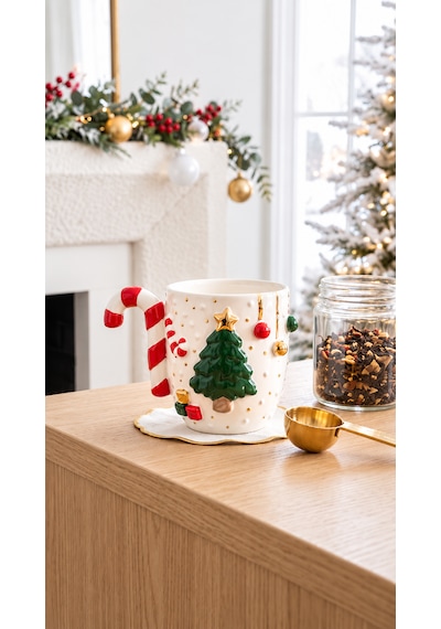 Çam Ağacı Seramik Mug 300 Ml El Yapımı 24k Altın Detaylı Yılbaşı Kupası Yeşil - Altın
