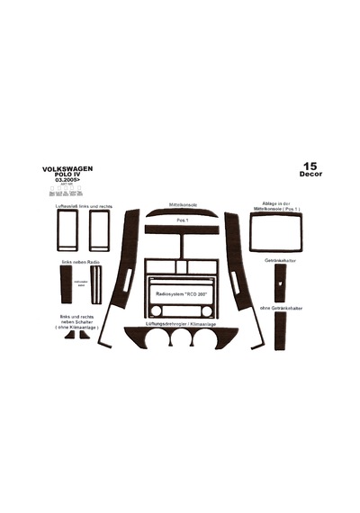 Volkswagen Polo Uyumlu Torpido Kaplama 2005-2009 15 Parça Koyu Meşe