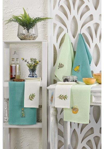Eponj Home 6lı Kurulama Peçetesi Nakışlı 40x60 Zeytin Yeşil-beyaz