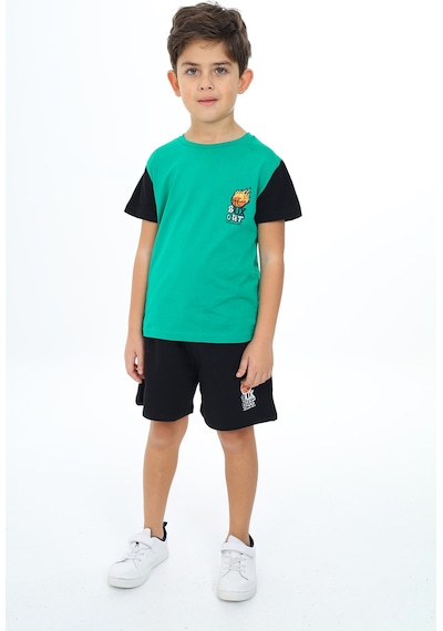 Toontoy Kids Toontoy Erkek Çocuk 2'li Takım Baskılı Bisiklet Yaka Tişört & Beli Lastikli Cepli Şort Koyu Yeşil