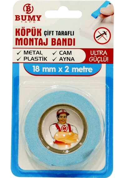 Bumy Çift Taraflı Köpük Montaj Bandı Beyaz 18mm X 2mt