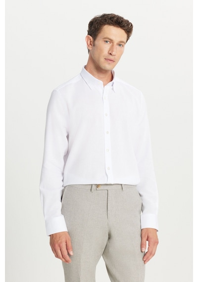 Altınyıldız Classıcs Erkek Beyaz %100 Pamuklu Slim Fit Gizli Düğmeli Yaka Armürlü Gömlek