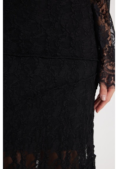 Tudors Kadın Slim Fit Dar Kesim Lastikli Yüksek Bel Dantelli Siyah Etek -50498
