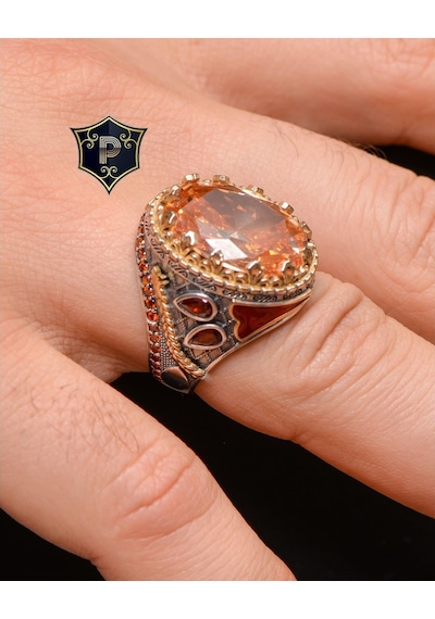 Gümüş Erkek Yüzük Sitrin Taşlı Şampanya Topaz Taş Süslemeli