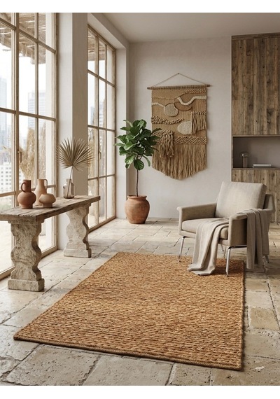 Hbs Art Design Doğal Dokuma Jüt Halı - El Örgüsü Dekoratif Hasır Kilim Açık Kahverengi