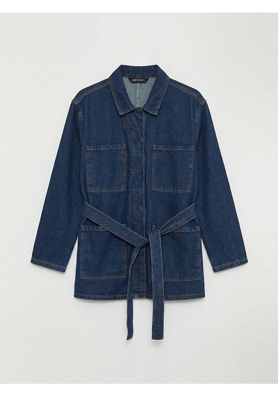 Lcw Modest İndigo Gömlek Yaka Beli Kuşaklı Kadın Jean Ceket