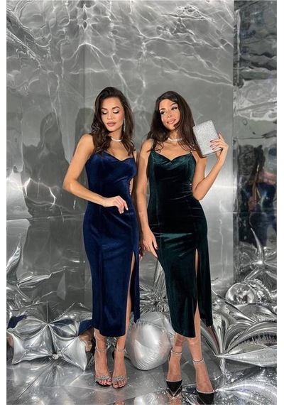 Dip Moda Kadın Kadife Taş İşlemeli Abiye Elbise Dpnbemp2554 Yeşil