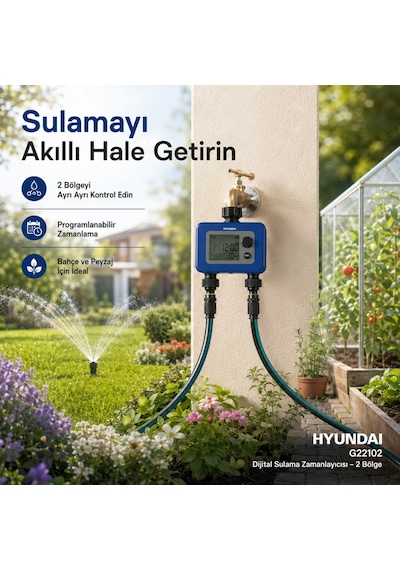 Hyundai G22102 Dijital Sulama Zamanlayıcısı 2 Bölge 2 Çıkışlı Bahçe Sulama Timer