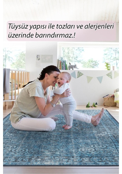 Foldy Eskitme Desenli Dokuma Taban Dekoratif Mavi Halı Fl 30 Mavi 2