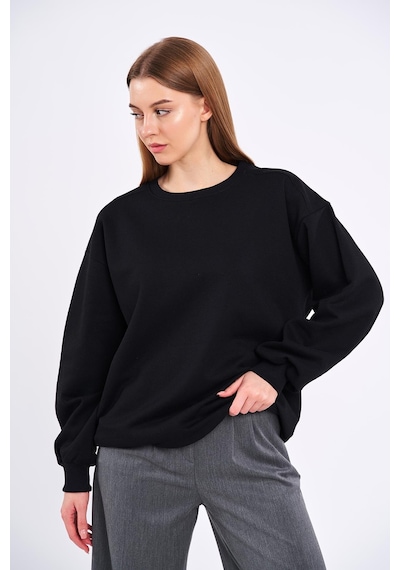 Mmetalic Siyah Kadın Pamuklu Oversize Basic Bisiklet Yaka Sweatshirt Siyah