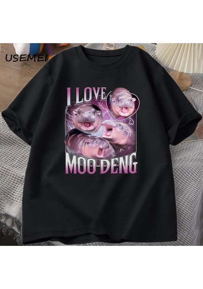 Flood Of Style Ben Aşk Moo Deng T Shirt Kadın Erkek Komik Moo Deng Fan Kulübü Hippo Sevgilisi T-shirt Pamuk Siyah