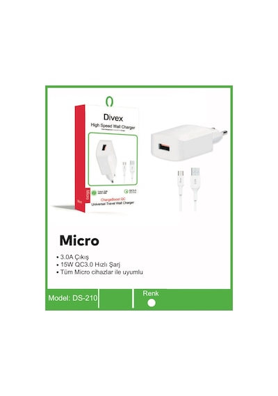 Divex Qc3.0 Micro Usb 3.0a 15w Hızlı Şarj Aleti Ds-210