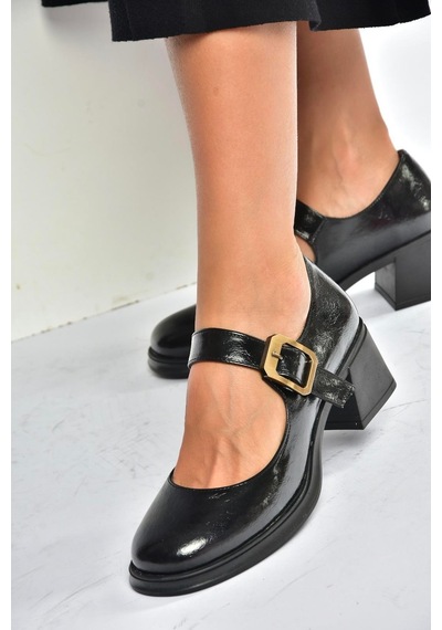 Fox Shoes T820236060 Siyah Rustik Kalın Topuklu Kadın Ayakkabı Siyah