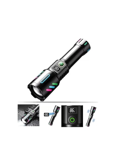 WS-9944 Uzun Menzilli Şarjlı Metal El Feneri, Dijital Şarj Göstergeli Profesyonel El Feneri 4800 mAh Pil 2000 Lümen Siyah