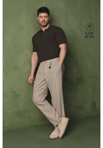 Avva Erkek Gri Beli Lastikli %100 Keten Relaxed Fit Pantolon B003032