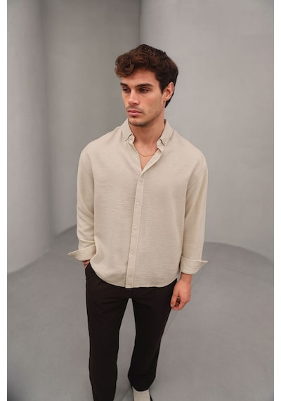 Bürke Yazlık Keten Dokulu Uzun Kollu Krem/Bej Yarım Oversize Erkek Gömlek