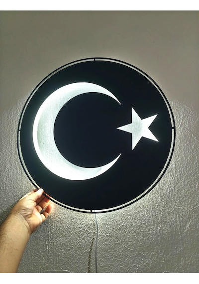 Motto Dekor Lazer Kesim Metal Türk Bayrağı Görselli Beyaz Led Işıklı Duvar Dekoru Duvar Aydınlatması Siyah