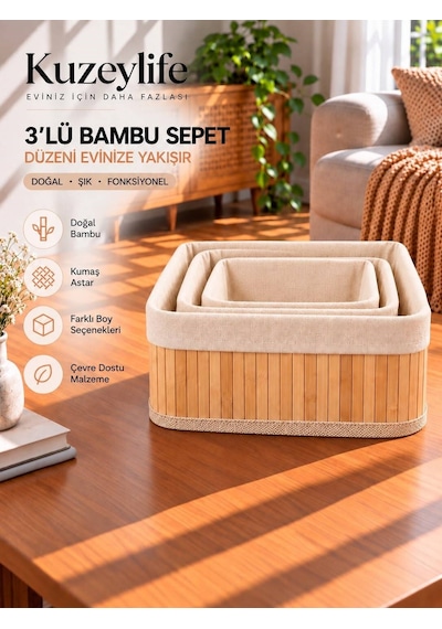 Kuzeylife Bambu Trio Kare 3lü Sepet Seti Kahverengi