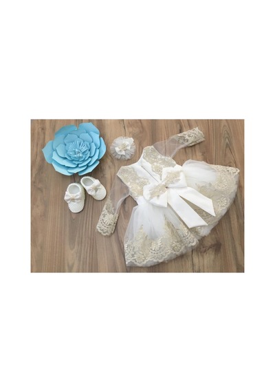Hayy Baby Kids Wear Fransız Dantelli Kırık Beyaz Cocuk Elbise Şal