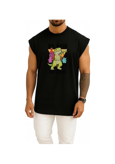 Bahriyeli Collection Oversize No Pain No Gain Dinazor Göğüs Baskılı Atlet Siyah