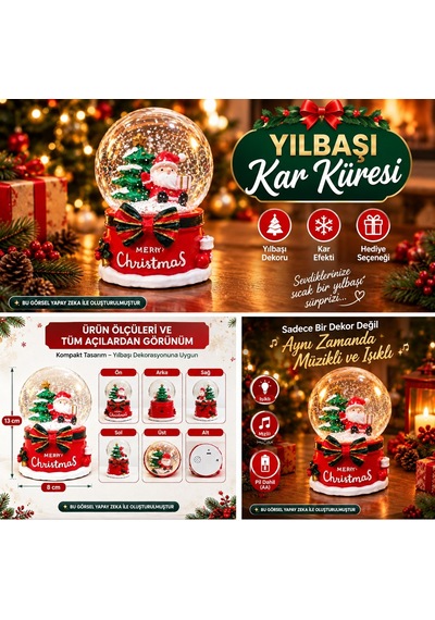 2027 Yılbaşı Yeni Yıl Hediyesi Işıklı Müzikli Merry Christmas Temalı Noel Baba Kar Küresi 13x8 Cm