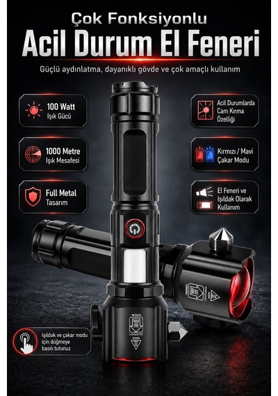 Jasper Jpr-2210 Full Metal Tasarım Çakarlı Zomlu 26650 8800mah Li-ion Bataryaya Sahip El Feneri Siyah