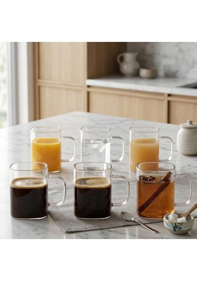 6 Adet Kare Cam Kupa Seti - Kulplu Isıya Dayanıklı Çay, Kahve, Espresso Ve Meşrubat Bardağı Takımı 230 Ml Acı Kahve