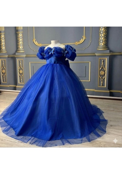 Star Kids Fashion Kız Çocuk Saks Mavisi Kelebek Detaylı Prenses Elbise ,kız Çocuk Abiye Elbise Saks Mavi