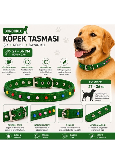 Boncuklu Köpek Boyun Tasması 27-36 Cm Ayarlanabilir Metal Tokalı D Halkalı - Yeşil Çok Renkli