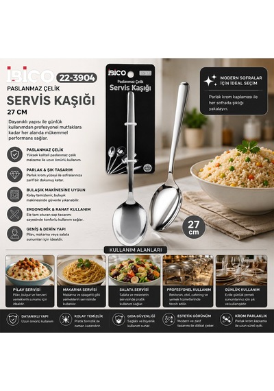İbico İ22-446 27cm Krom Metal Servis Kaşık - 12'li Paket Diğer