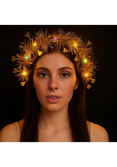 Kalp Püsküllü Gece Parıltısı 3 Modlu Led&amp 39 Li Işıklı Taç Altın Renk