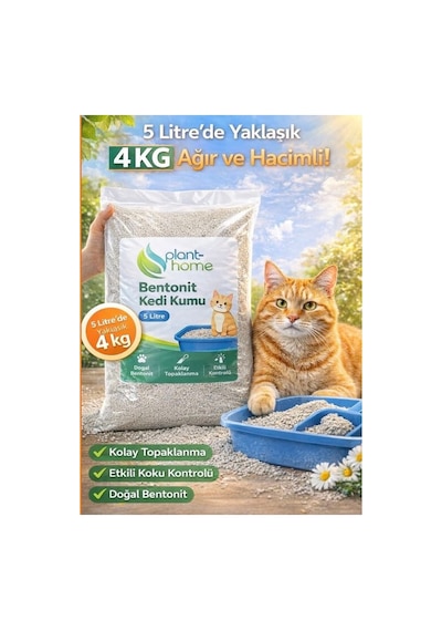 Bentonit Kedi Kumu 5 Litre - Doğal, Kolay Topaklanan, Etkili Koku Kontrolü