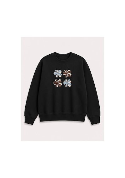 Herkesemoda Çiçek Baskılı 2 İplik Şardonlu Bisiklet Yaka Sweatshirt Siyah