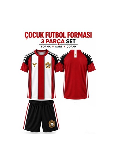 Sonvadi Çocuk Futbol Forması Takımı Kırmızı Beyaz 3 Parça Çorap Kırmızı