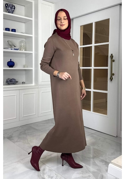 Rabia Şamlı Öykü Çelik Örme Triko Elbise Sütlü Kahve Normal