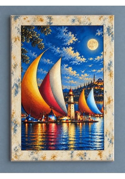Ahşap Eskitme Çerçeve Desenli Mehtaplı Limanda Yelkenli Temalı Dekoratif Ahşap Tablo 52x72 Cm