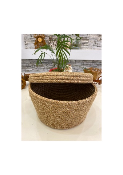 Hasır Jüt Sepet Oval Kapaklı Organizer Düzenleyici 30x20x10 Cm Hasır Hasır