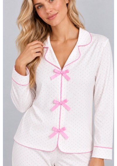 Pijamask Kadın Beyaz Pembe Puantiyeli Fiyonk Detaylı Bol Paça Pijama Takımı Beyaz