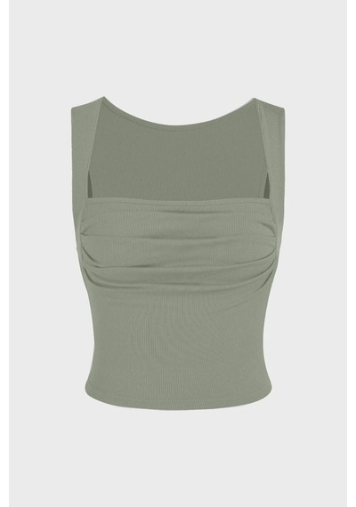 Hiccup Drape Kare Yaka Bluz Haki Yeşil